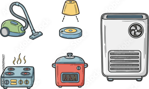 Colored vector illustrations of household appliances including vacuum cleaner, air purifier, stove, slow cooker, and kitchen timer timer