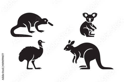 Four iconic australian animals silhouettes on white background
