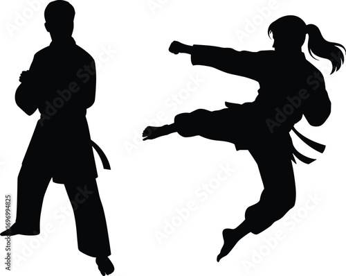 Karate martial arts silhouette illustration showing male fighter in stance and female athlete performing high kick action, training, combat, fitness, discipline vector design