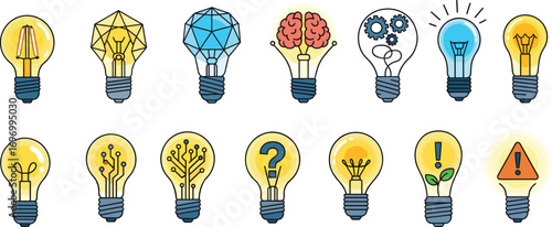 Creative lightbulb icons collection, innovative idea symbols, inspiration and brainstorming vector, lightbulb with brain, gears, question mark, exclamation, and circuits