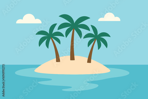 Cartoon illustration of a tropical island with three palm trees in the ocean under a blue sky with clouds, depicting a serene summer getaway.