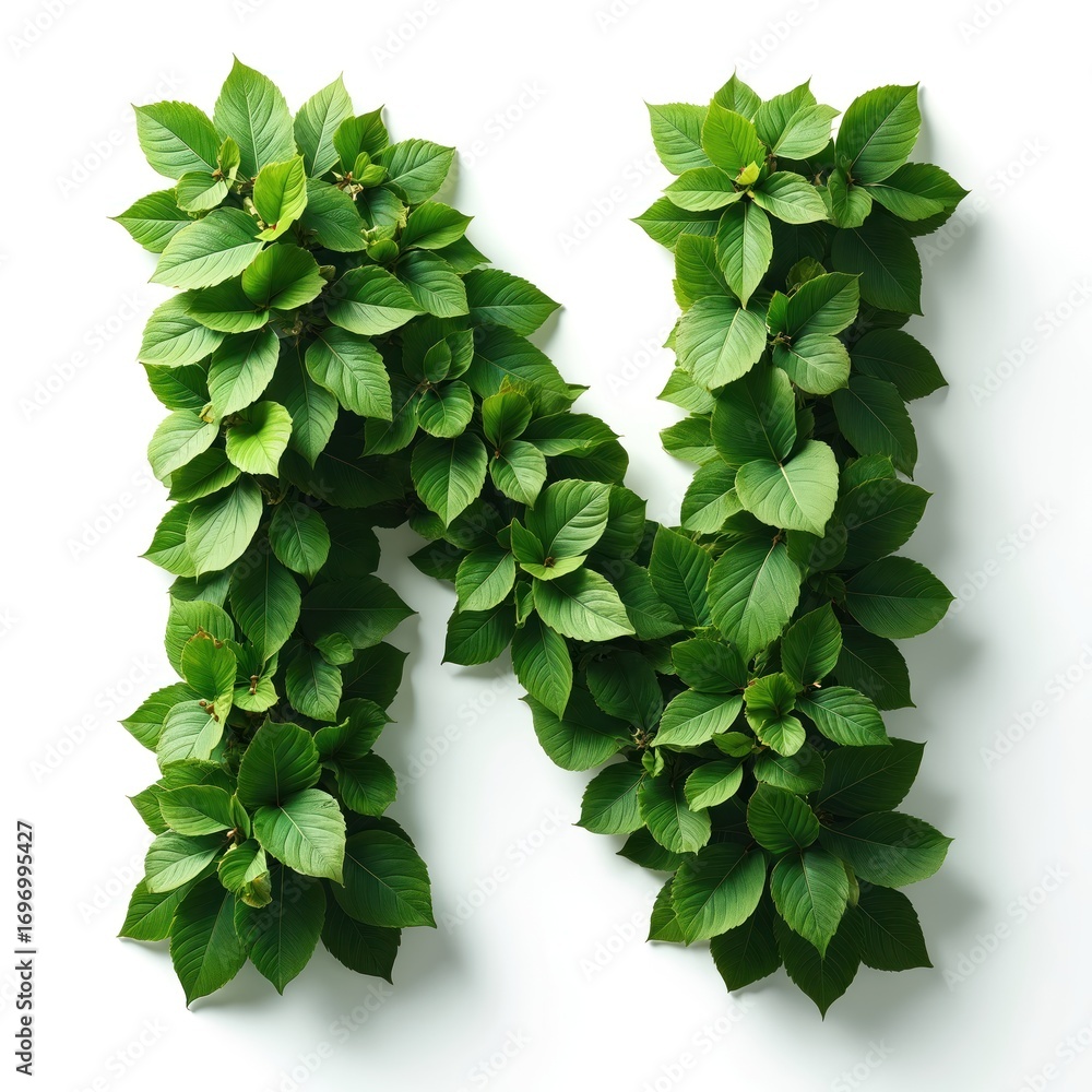 Fototapeta premium Photorealistic letter N formed by rich green leaves. This isolated alphabet symbol showcases nature design on a white background. Ideal for spring, eco-friendly, or natural themes.
