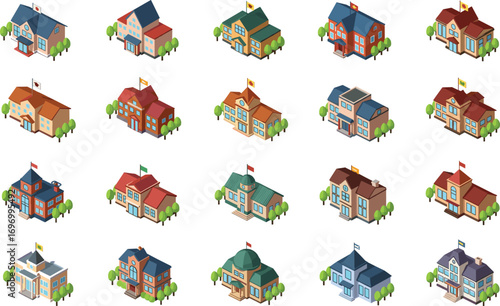 Set of school building icons in isometric vector style, educational institution illustrations, colorful academic architecture for learning, university, college concepts