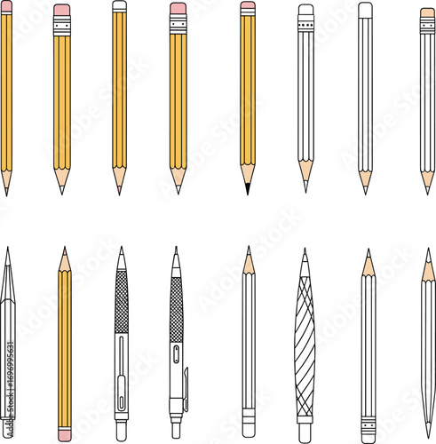 Set of sixteen pencil line icons and vectors, writing and drawing tools collection, education and office supplies symbols, stationery design elements