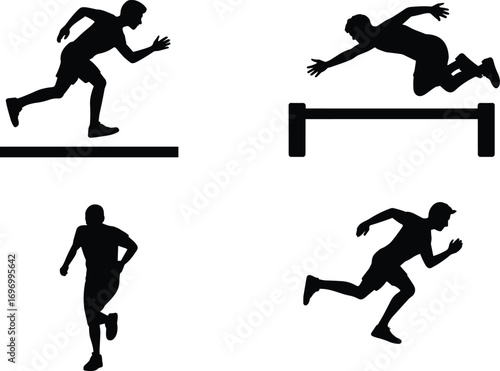 Silhouette athletes running, sprinting, hurdling, track and field sports training, fitness workout, marathon competition, athletic action poses vector illustration design for stock