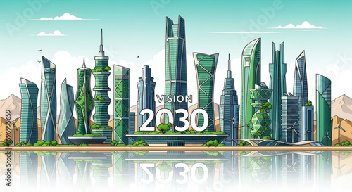Futuristic Cityscape 2030 with Modern Skyscrapers, Green Architecture, and Skyline Reflections in Clear Sky،ksa, Saudi Arabia, Saudi national day,