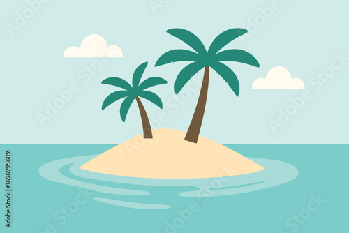 A small, sandy island in a calm ocean, with two palm trees, and light clouds in the sky.
