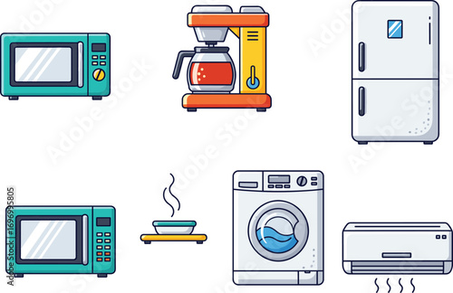 Vector illustration of modern home appliances including microwave, refrigerator, coffee machine, washing machines, and air conditioner in flat colorful design