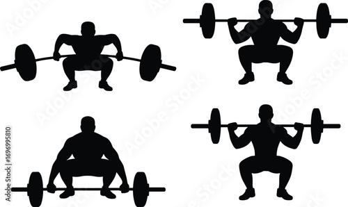 Silhouette collection of athletes lifting barbells, vector illustration of men weightlifting, fitness training, bodybuilding exercises, powerlifting poses, gym workout design elements