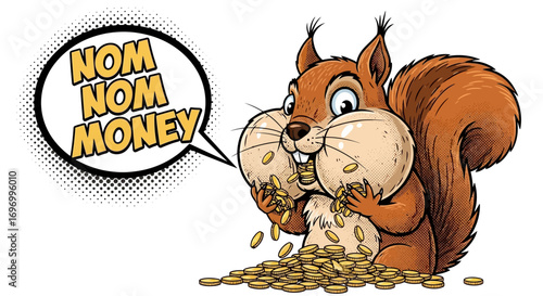 Cartoon Squirrel with Money, Eating Coins, Rich
