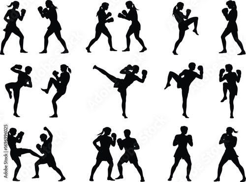 Silhouette female fighters practicing kickboxing, boxing, martial arts techniques, punching, kicking, sparring, self defense moves, workout training action vector illustration design