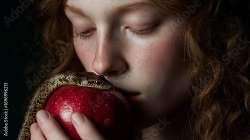 Close-up portrait of a young woman gently holding an apple with a snake, symbolizing temptation and mystery.