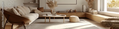 Scandinavian lounge featuring modern furniture and natural material blend.