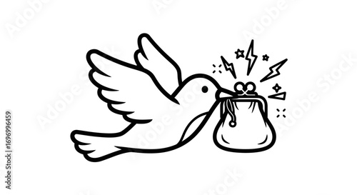 Bird Carrying Purse with Lightning and Stars in Black and White Outline