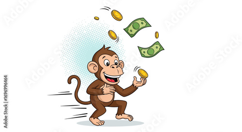 Cartoon Monkey Juggling Money and Coins with Joyful Expression