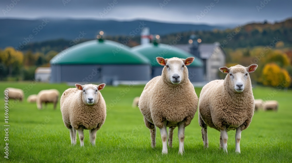Obraz premium Sheep grazing in green field with biogas plant in background