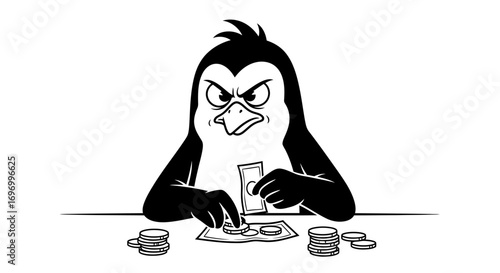 Cartoon Penguin Gambling with Money and Coins in Black and White