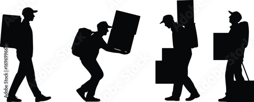 Silhouette illustration of delivery workers carrying boxes, shipping packages, courier service, logistics transport, parcel distribution, warehouse job, professional cargo handling vector design