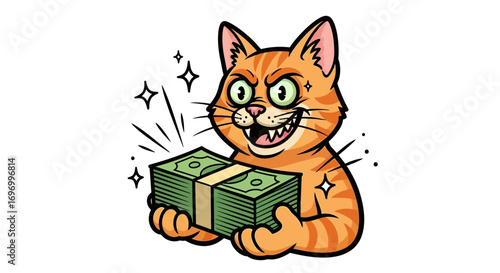 Greedy Orange Tabby Cat Holding a Stack of Cash