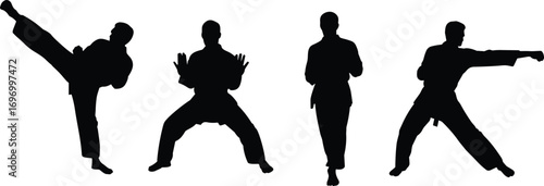 Silhouette illustration of martial artists practicing karate techniques, kicking, punching, and training poses, isolated black vector design, combat sports, self defense, martial arts concept