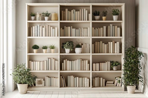 Stylish Nordic bookshelf with plants and functional organization.