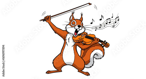 Cartoon Squirrel Playing Violin with Musical Notes