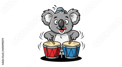 Cartoon Koala Playing Drums with a Hat, Smiling.