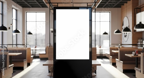 A blank vertical digital display mockup stands in the center of a modern, sunlit restaurant interior.