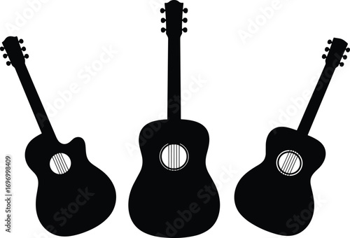 Silhouette illustration of three acoustic guitars, isolated vector musical instrument design, black guitar shapes, retro music art, creative sound concept