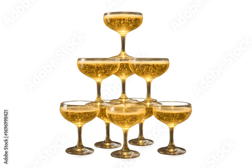 Golden champagne tower stacked glasses festive illustration perfect for holiday celebration, New Year, and elegant party design