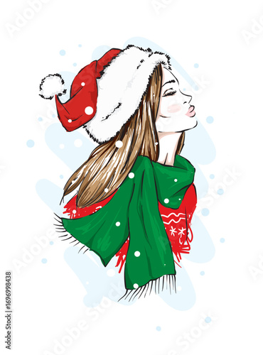 Beautiful girl in stylish clothes. Fashion and style. New Year and Christmas. Vector illustration.