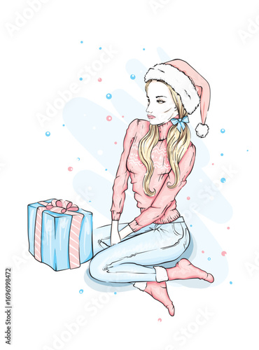 Beautiful girl in stylish clothes. Fashion and style. New Year and Christmas. Vector illustration.