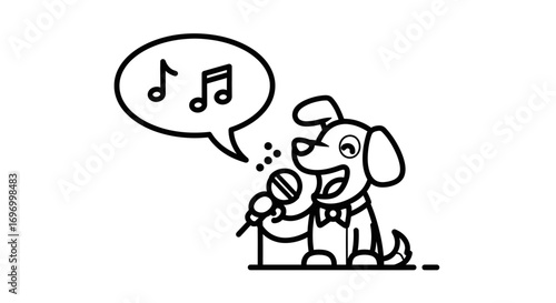 Cartoon Dog Singing with Microphone and Music Notes in Speech Bubble