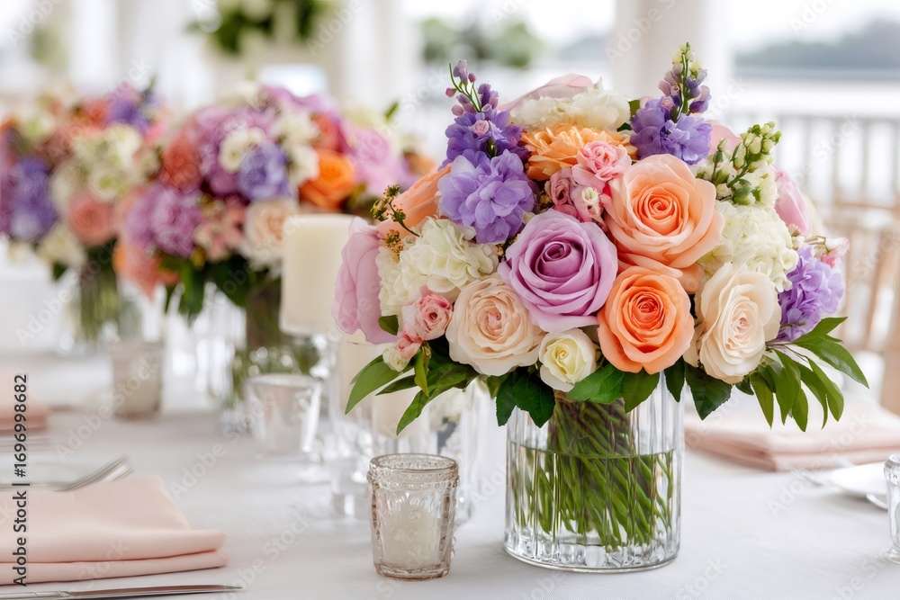 Obraz premium Colorful floral centerpiece decorating wedding reception table