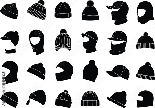 Silhouette illustration of winter hats, beanies, caps, and balaclavas, cold weather headwear, fashion accessories, seasonal clothing, vector design collection set