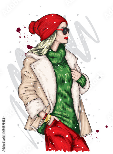 Beautiful girl in stylish clothes. Fashion and style. New Year and Christmas. Vector illustration.