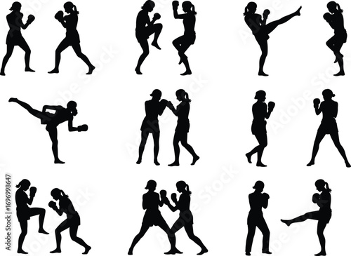 Silhouette illustration of women practicing kickboxing, martial arts training poses, sparring action, fitness exercise, boxing workout, combat sports activity vector design set