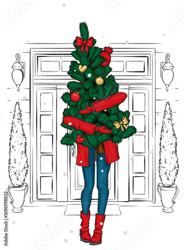 Beautiful girl in stylish clothes. Fashion and style. New Year and Christmas. Vector illustration.
