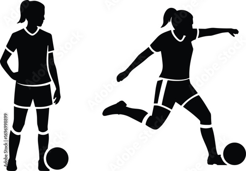 Silhouette vector illustration of female soccer players, standing and kicking ball poses, sports athlete icons for football training, competition, teamwork, fitness design elements