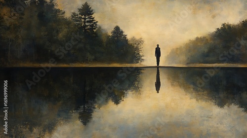 A figure standing at the edge of a mirror-like lake, with the reflection showing an alternate version of themselves .