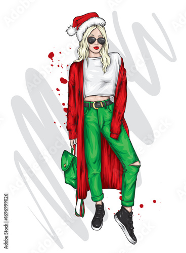 Beautiful girl in stylish clothes. Fashion and style. New Year and Christmas. Vector illustration.