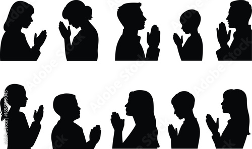 Silhouette vector illustration of people praying with hands together, men, women, children in worship, meditation, spirituality, faith, religion, hope, devotion