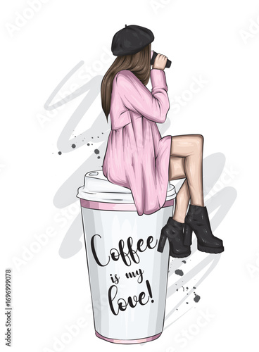 A beautiful girl in stylish clothes and a glass of coffee. Fashion and style. Vector illustration.