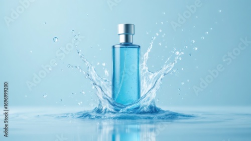 Blue perfume bottle surrounded by splashing water against light blue background