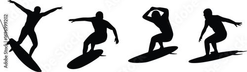  Surfing silhouettes collection of athletes riding waves, extreme sport vector illustration, surfboard poses, ocean adventure, water sports activity, dynamic surf action design