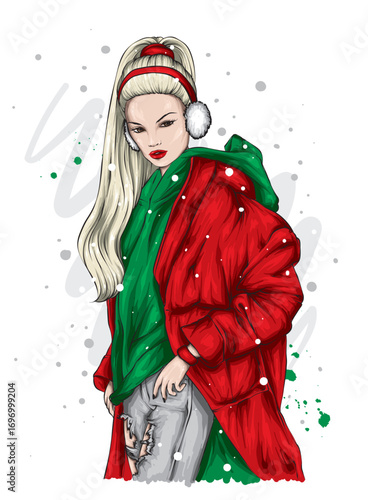 A beautiful girl in stylish winter clothes. New Year and Christmas. Fashion and style. Vector illustration.