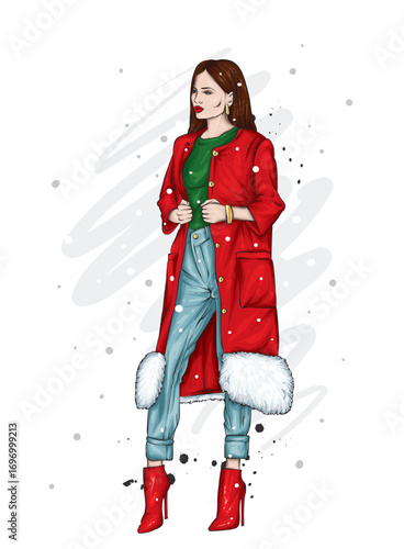 A beautiful girl in stylish winter clothes. New Year and Christmas. Fashion and style. Vector illustration.