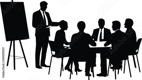 Vector illustration of business meeting presentation with team discussion, corporate people silhouette, manager explaining strategy on board, office teamwork collaboration concept in black and white