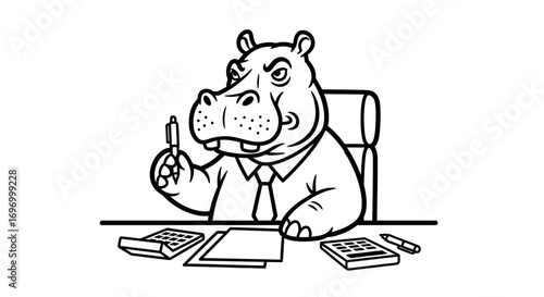 Hippopotamus Businessman Working at Desk