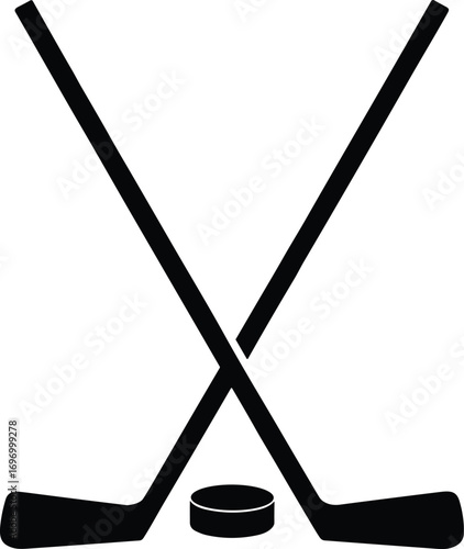 Vector illustration of crossed hockey sticks and puck, black silhouette sports icon, ice hockey equipment design, competition, game symbol, athletic sports graphic